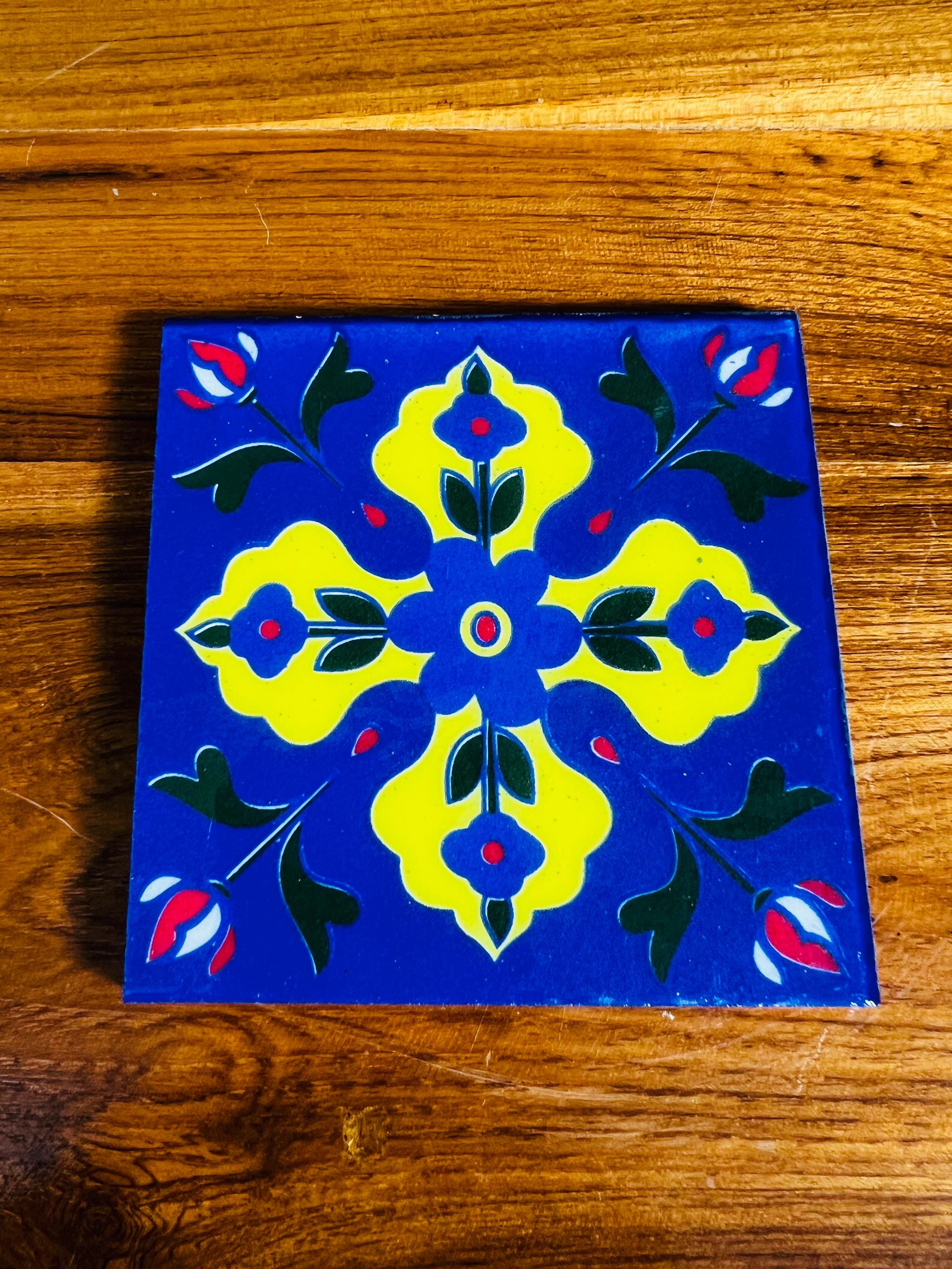 Handmade  Ceramic Tiles - 4x4 Inch Hand Painted Navy blue Floral Wall Decor