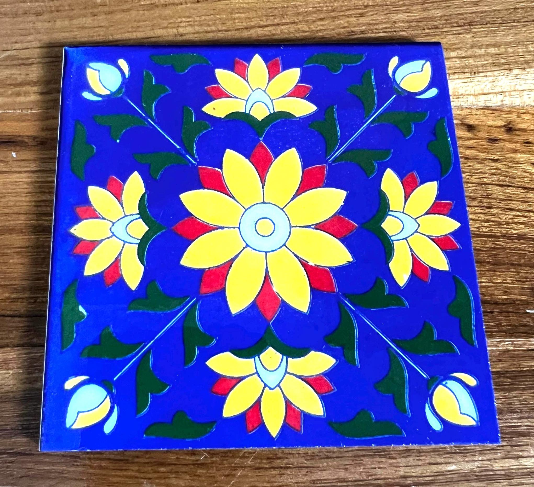 Navy Blue Floral Tiles 4x4