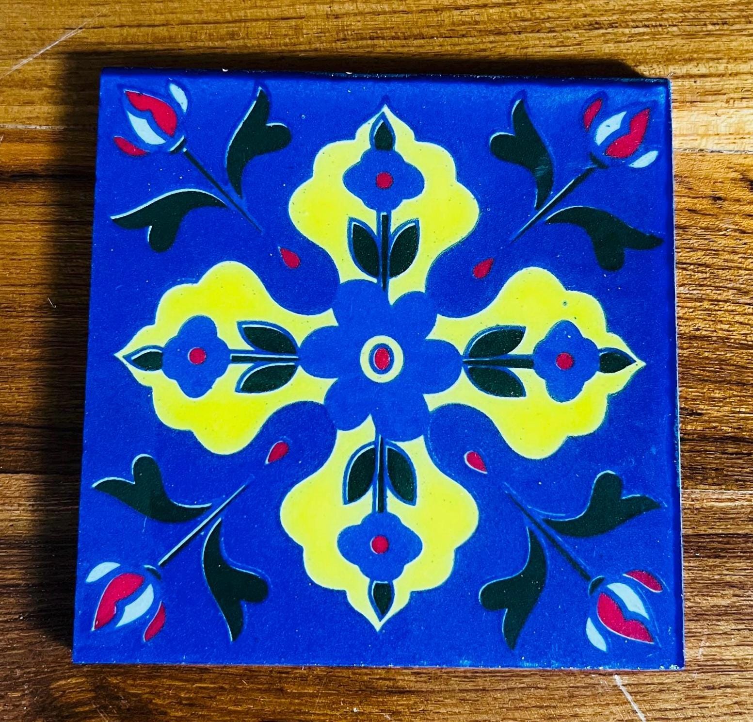 Handmade  Ceramic Tiles - 4x4 Inch Hand Painted Navy blue Floral Wall Decor
