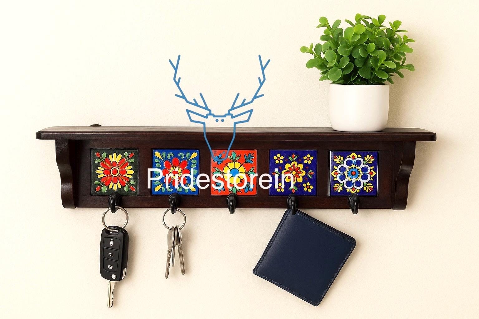 Solid Wood Key Holder - Hand-Painted Tiles
