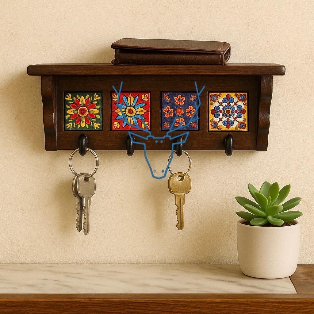 Solid Wood Key Holder - Hand-Painted Tiles