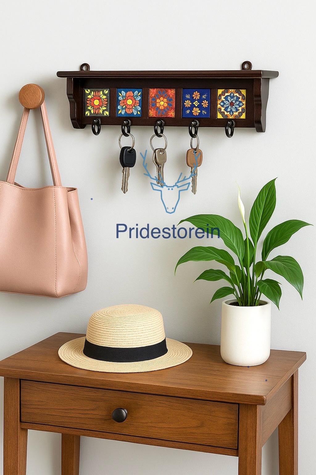 Solid Wood Key Holder - Hand-Painted Tiles