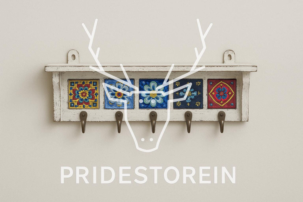Key Holder Rustic White Wood : Colorful Ceramic Tile Rack