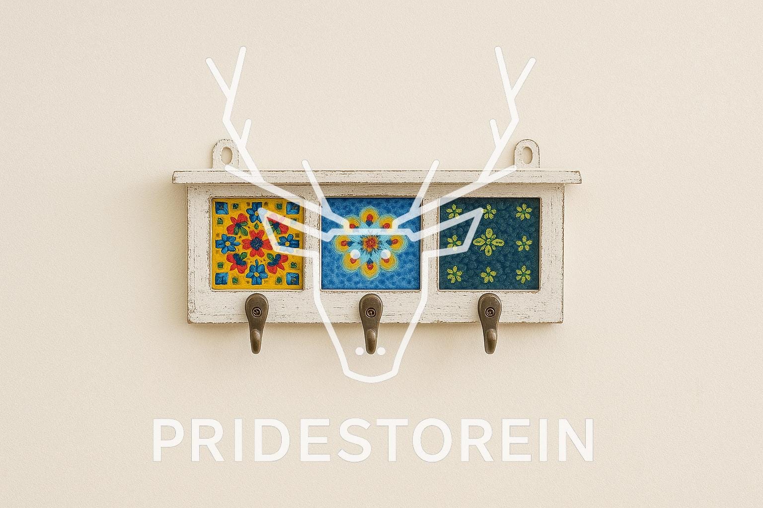 Key Holder Rustic White Wood : Colorful Ceramic Tile Rack