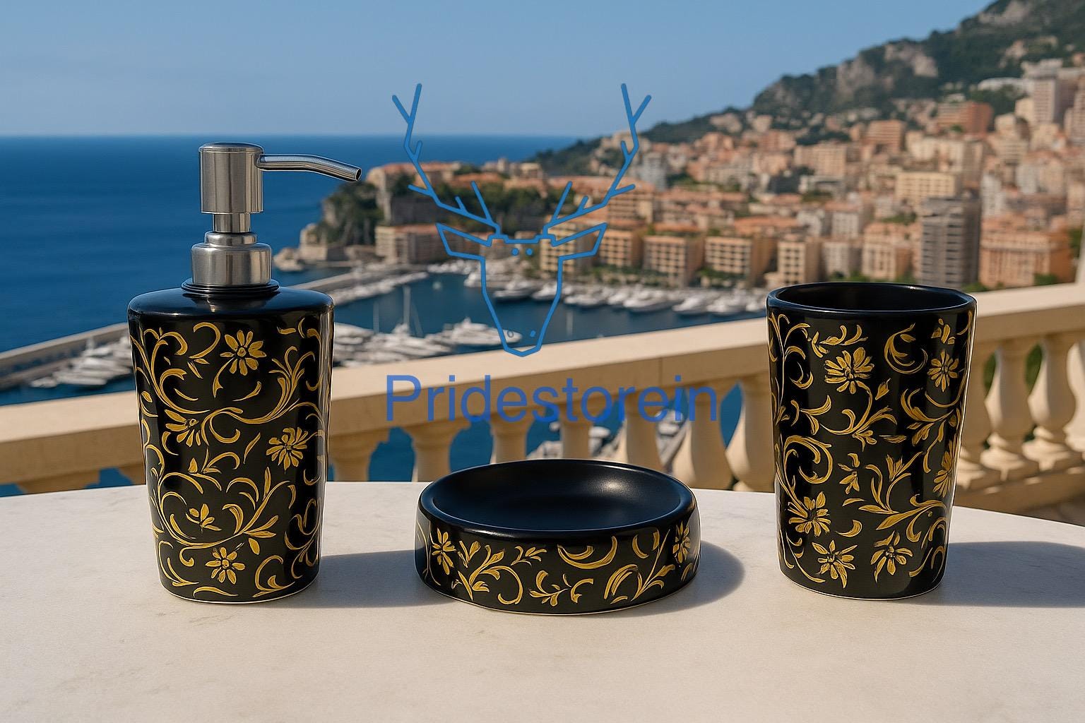 Black & Gold Bathroom Set - 3 Piece Ceramic