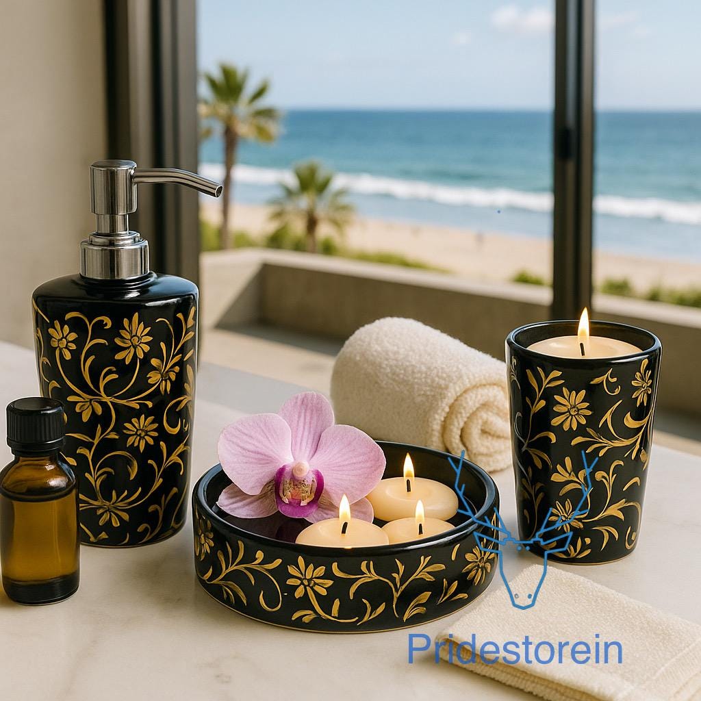 Black & Gold Bathroom Set - 3 Piece Ceramic
