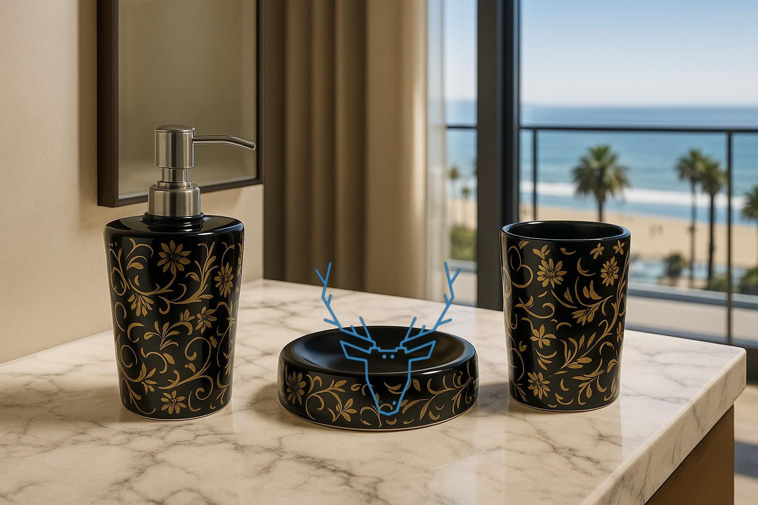 Black & Gold Bathroom Set - 3 Piece Ceramic