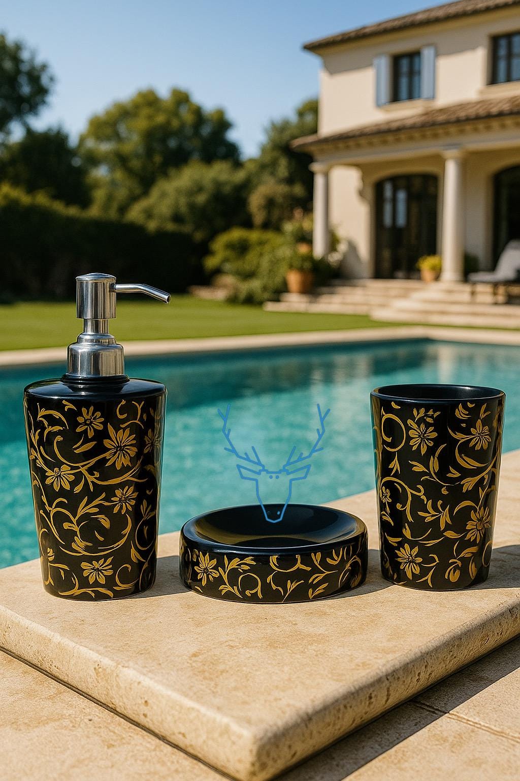Luxury Black & Gold Bathroom 3 PC  Set  Handmade Ceramic Soap Dispenser, Dish Tumbler  Vanity Tray with Spa Decor Elegant Gift Set