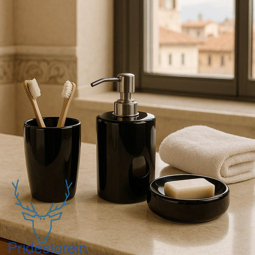 Black Ceramic Bathroom Set: Gold Floral Soap Dispenser, Tumbler & Dish