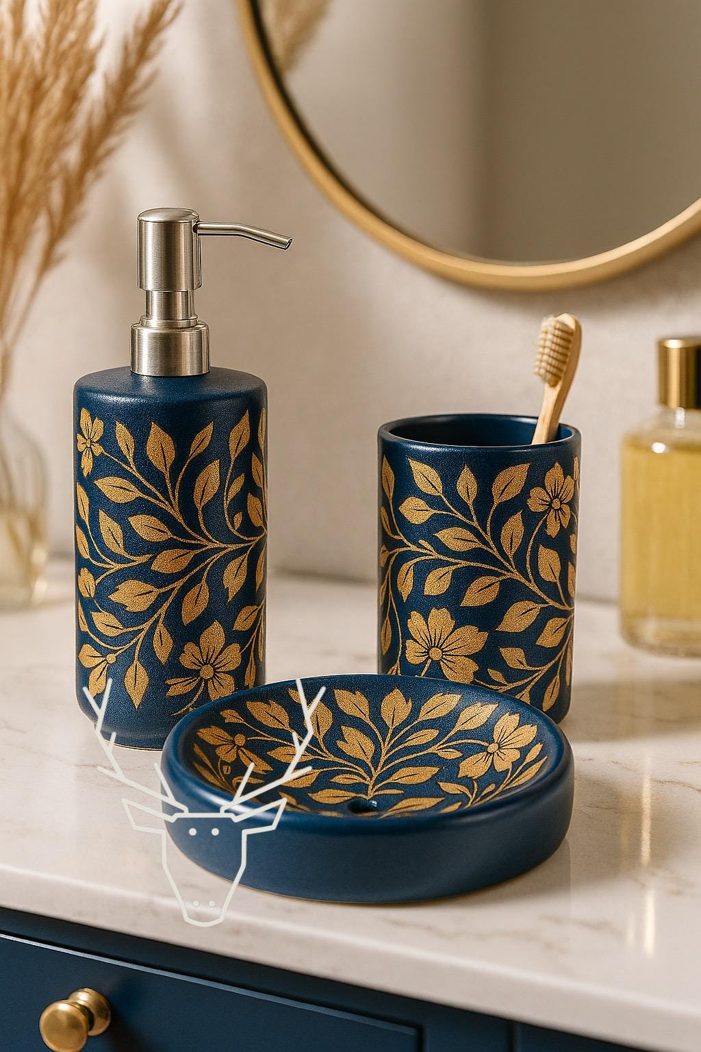 Elegant Blue & Gold Bath Set