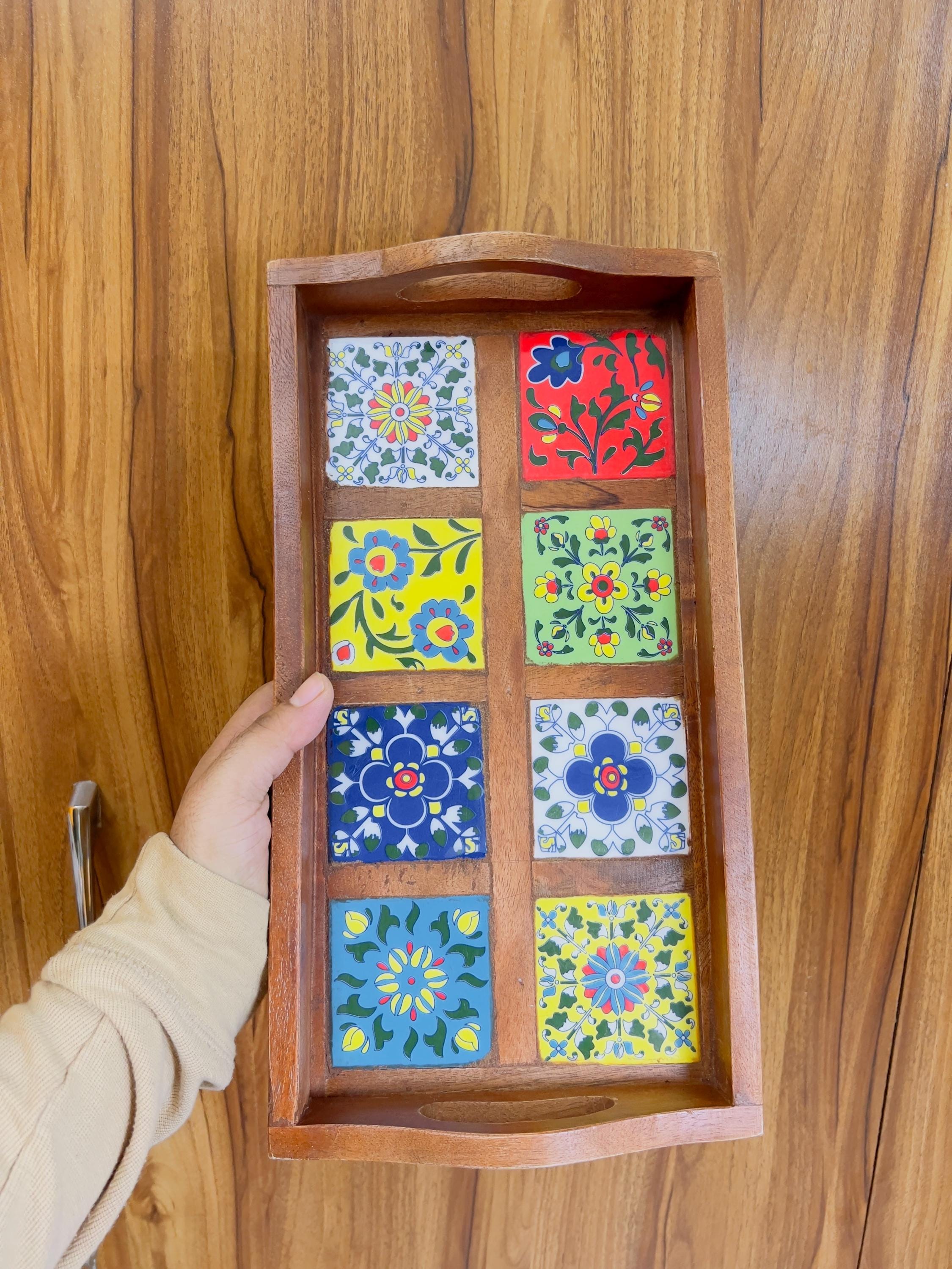 Handcrafted Wooden Tray with Boho Floral Ceramic Tiles