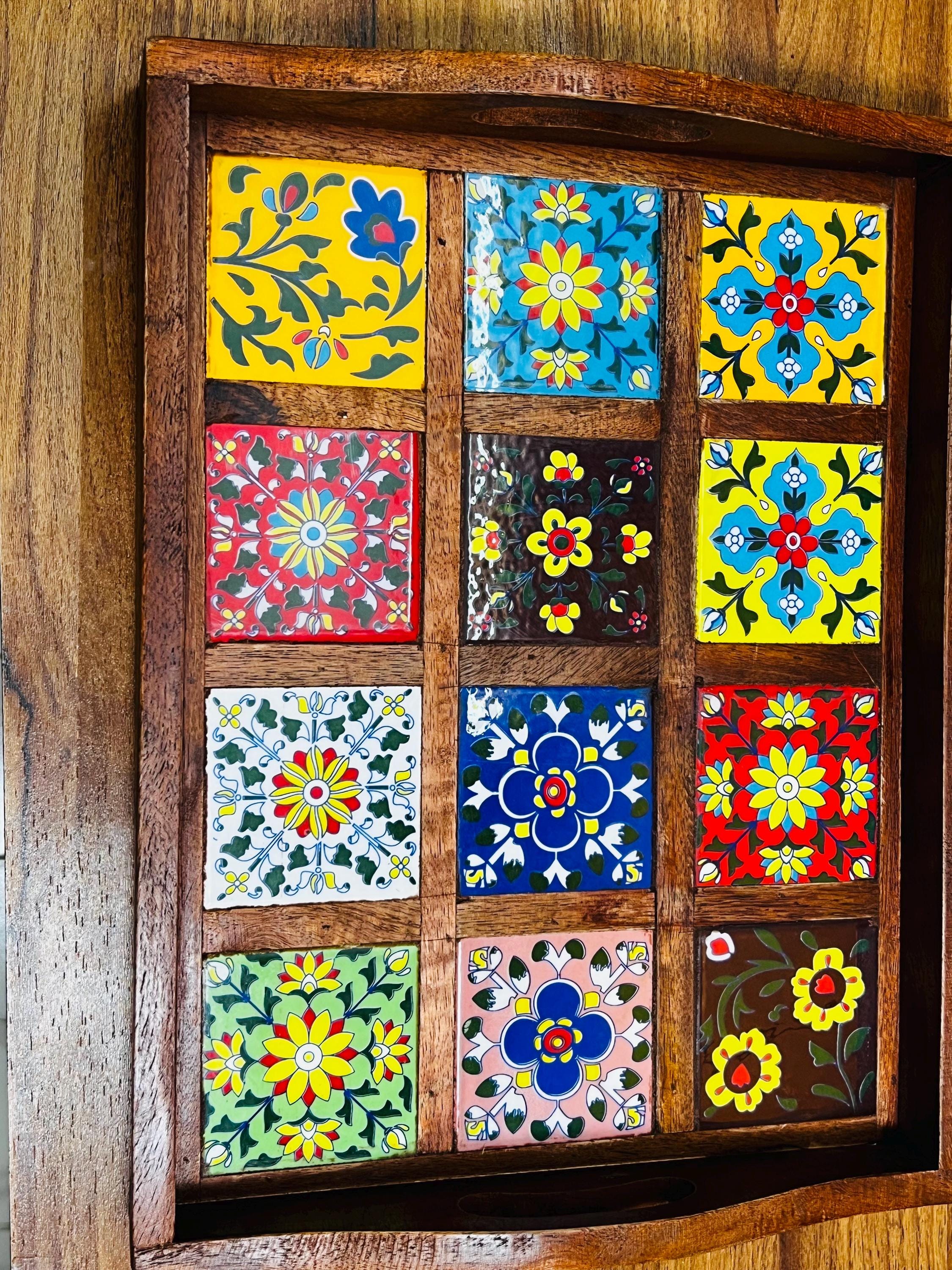 Handcrafted Wooden Tray with Boho Floral Ceramic Tiles