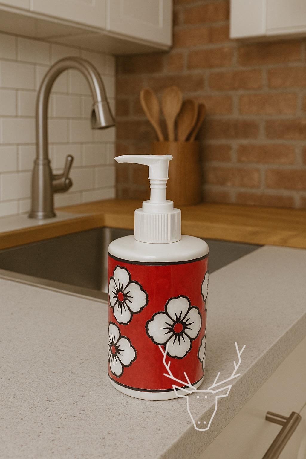 Red Floral Ceramic Soap Pump