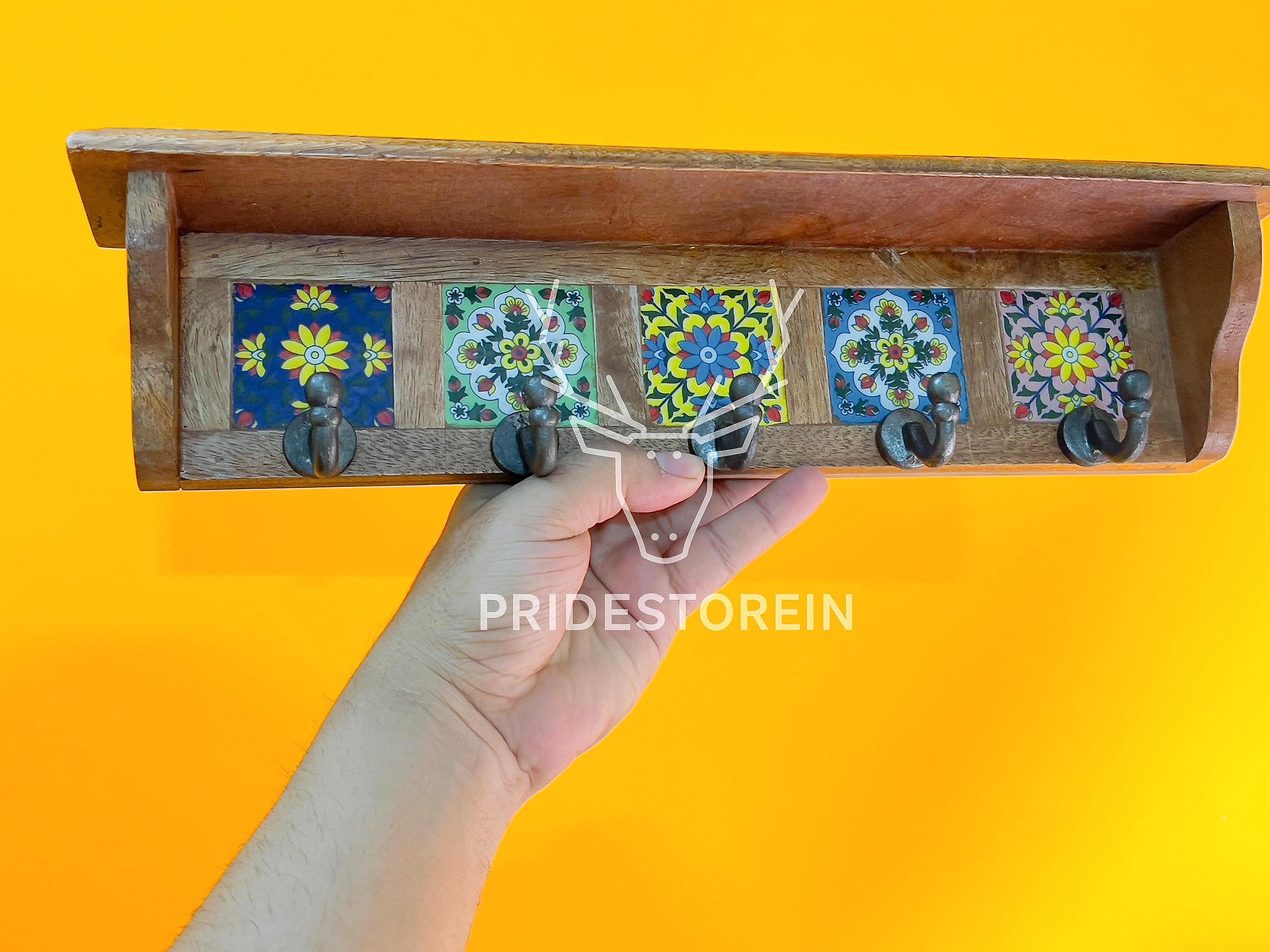 Ceramic Tile Key Rack - Wooden Wall Hook Organizer