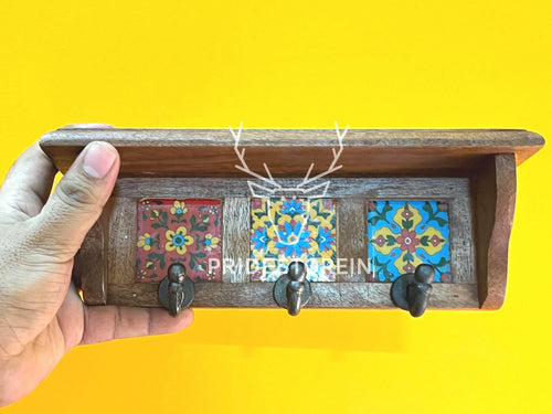 Ceramic Tile Key Rack - Wooden Wall Hook Organizer