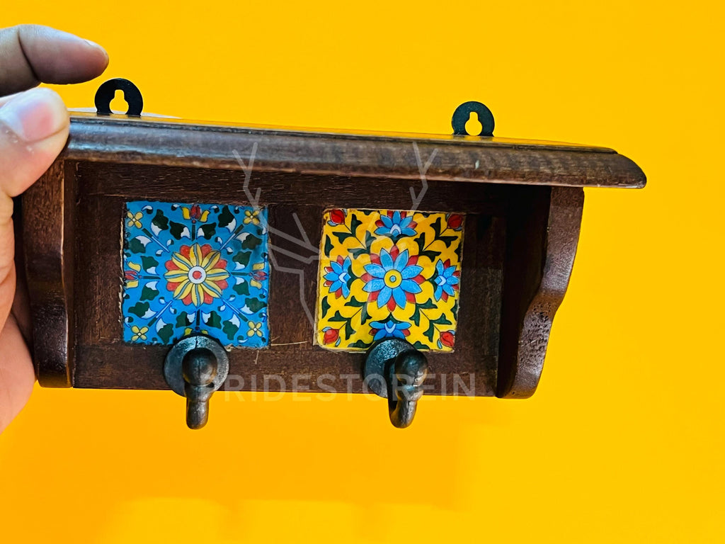 Espresso Wooden Key Rack with Ceramic Tile Inlay - Modern Entryway Organizer