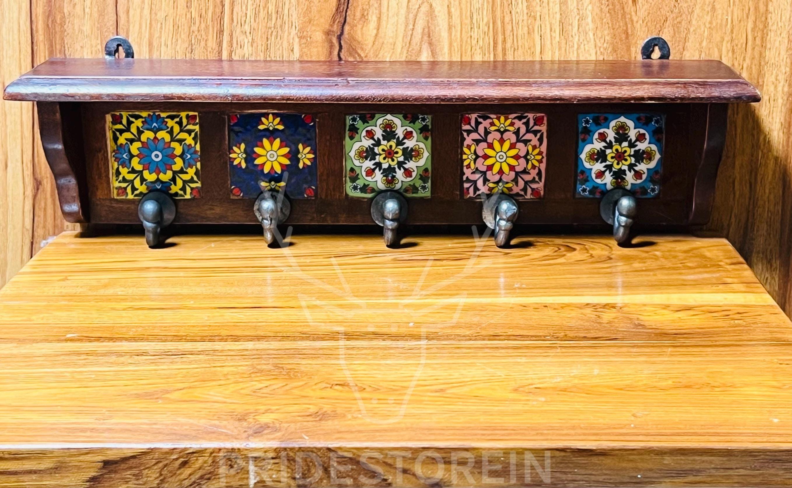 Espresso Wooden Key Rack with Ceramic Tile Inlay - Modern Entryway Organizer