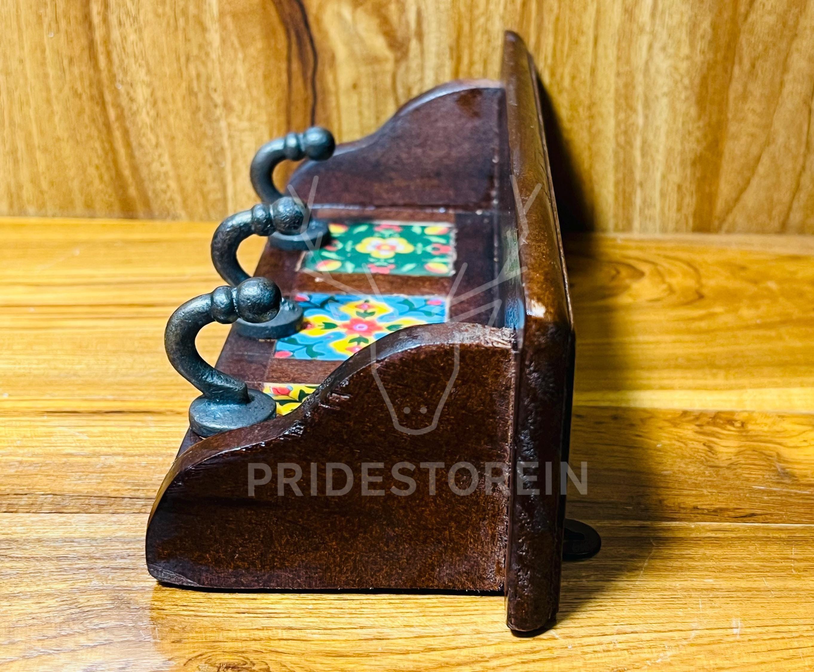 Espresso Wooden Key Rack with Ceramic Tile Inlay - Modern Entryway Organizer