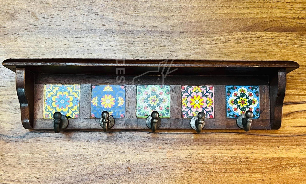Espresso Wooden Key Rack with Ceramic Tile Inlay - Modern Entryway Organizer