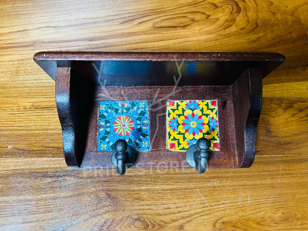 Espresso Wooden Key Rack with Ceramic Tile Inlay - Modern Entryway Organizer
