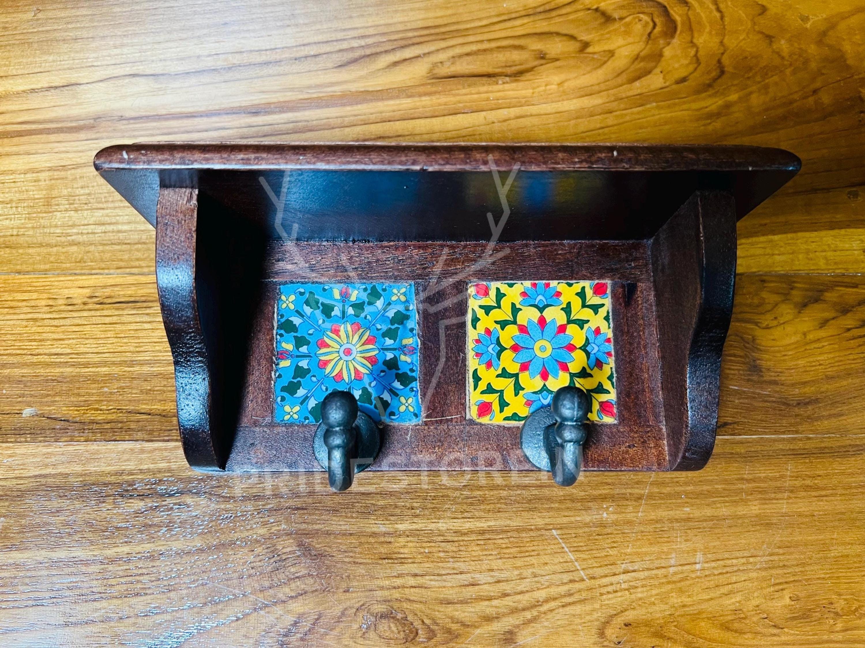 Espresso Wooden Key Rack with Ceramic Tile Inlay - Modern Entryway Organizer
