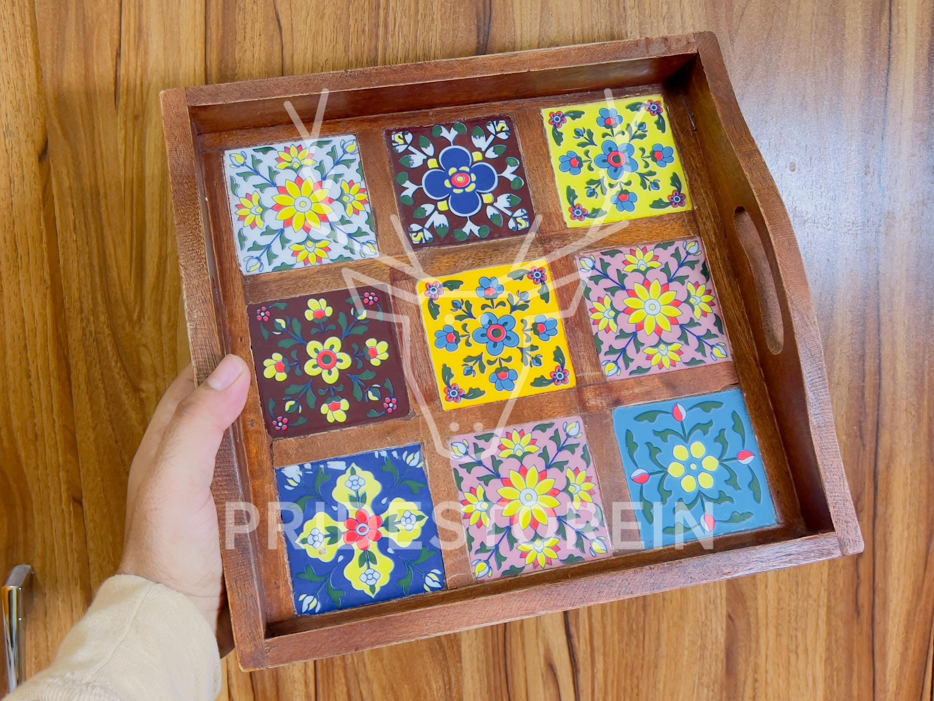 Handcrafted Wooden Tray with Boho Floral Ceramic Tiles