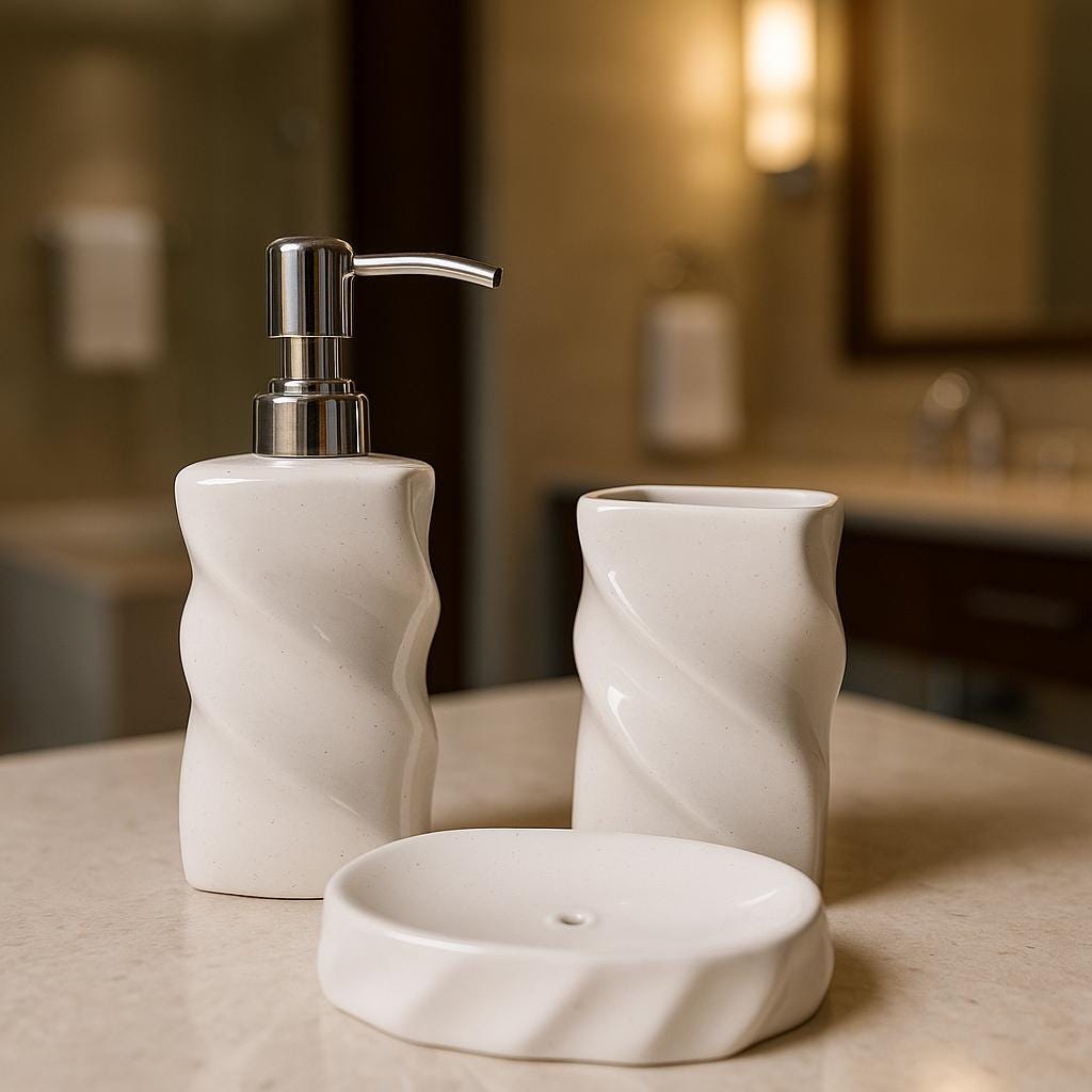 Modern White Ceramic Bathroom Accessory Set - Soap Dispenser, Toothbrush Holder & Soap Dish