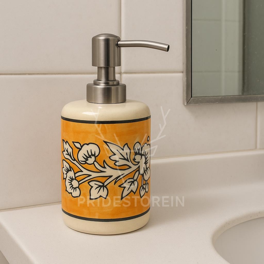 Hand-Painted Ceramic Soap Dispenser  Orange Single Line Floral Boho Vanity Decor