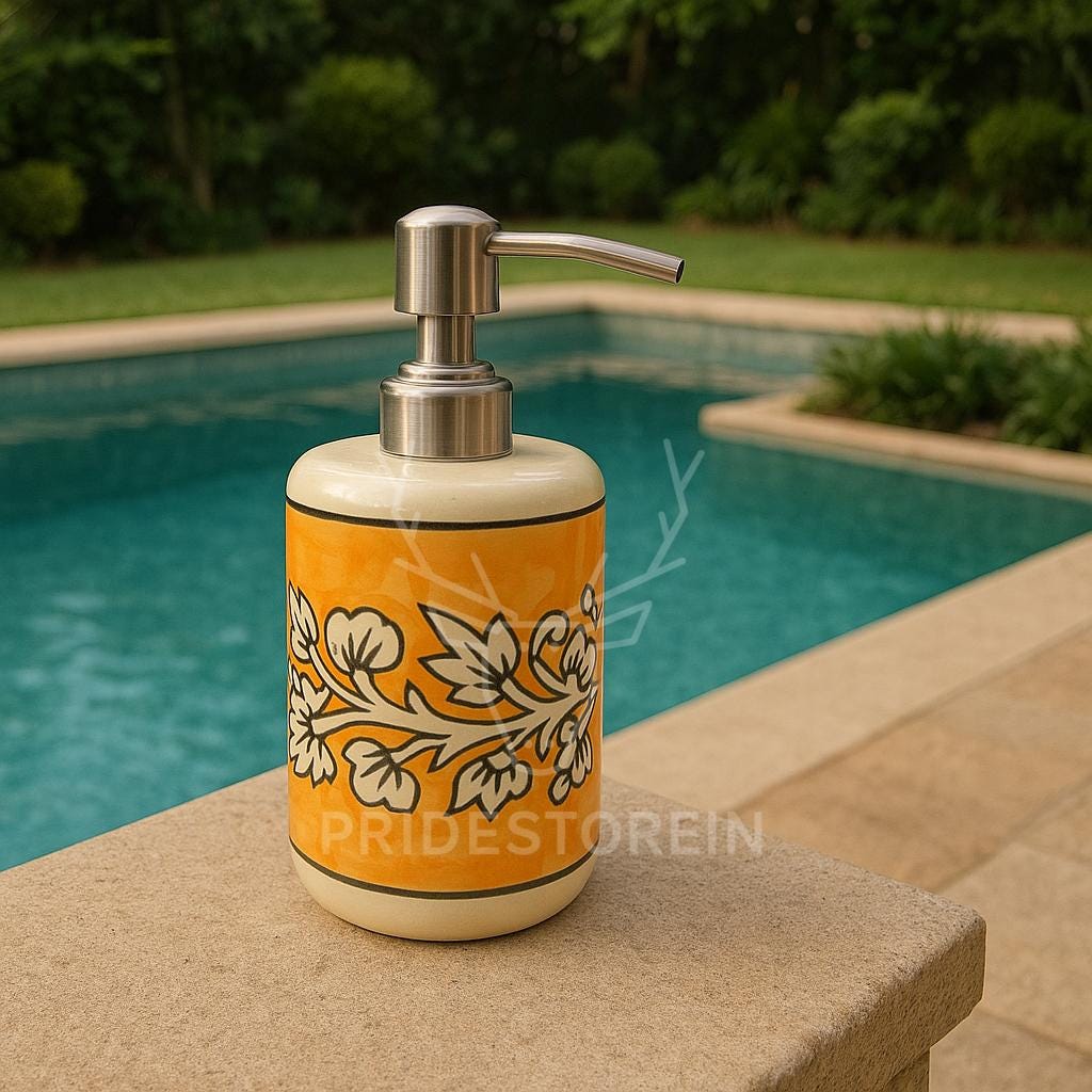 Hand-Painted Ceramic Soap Dispenser  Orange Single Line Floral Boho Vanity Decor