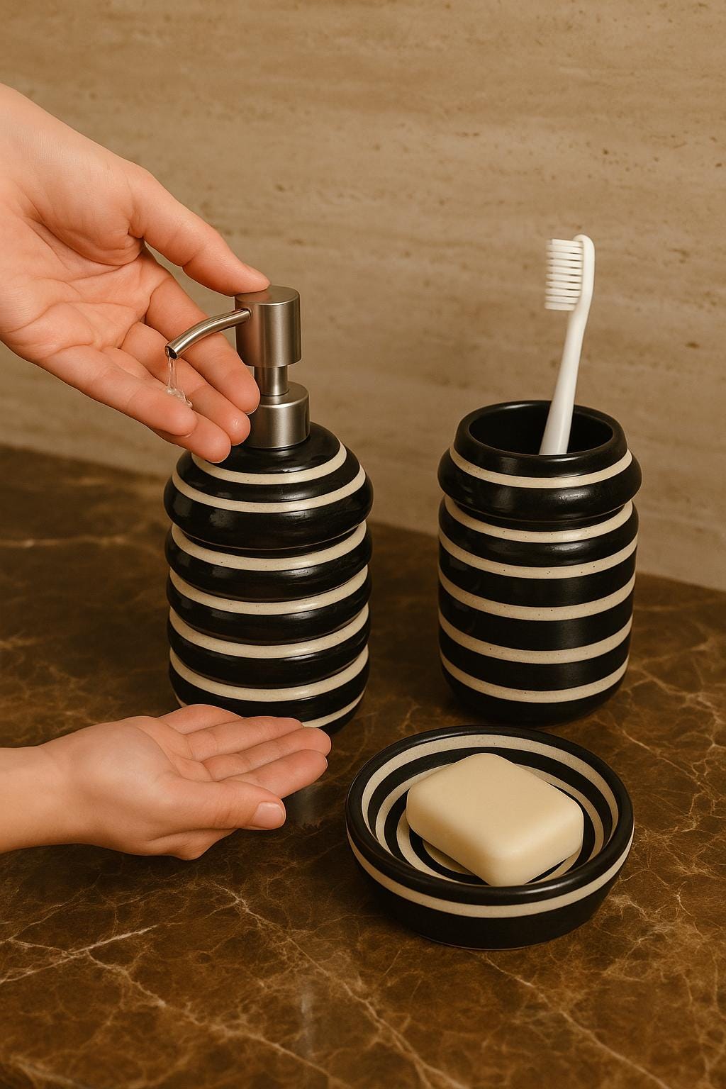 Chic Striped Ceramic Bath Set
