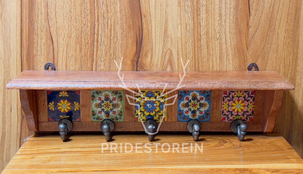 Ceramic Tile Key Rack - Wooden Wall Hook Organizer