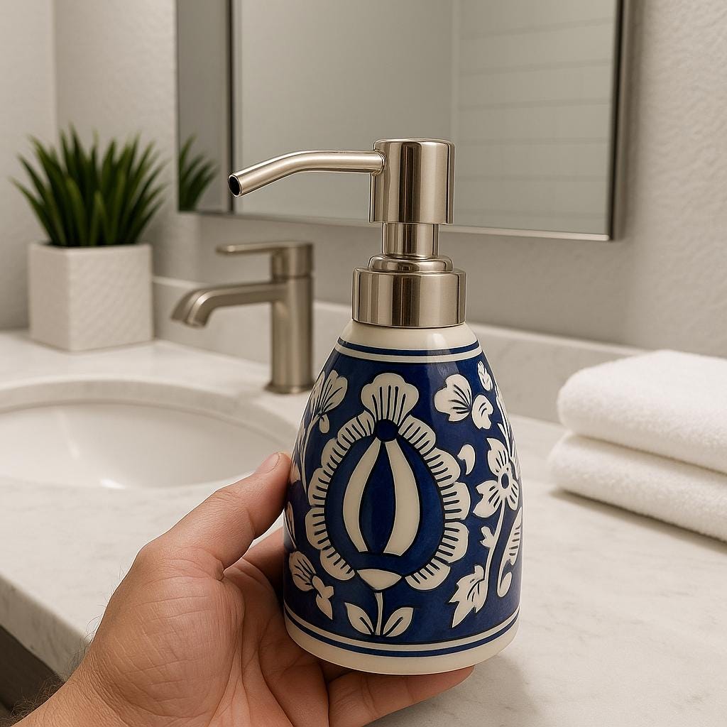 Blue Floral Ceramic Soap Dispenser - Handcrafted Bathroom