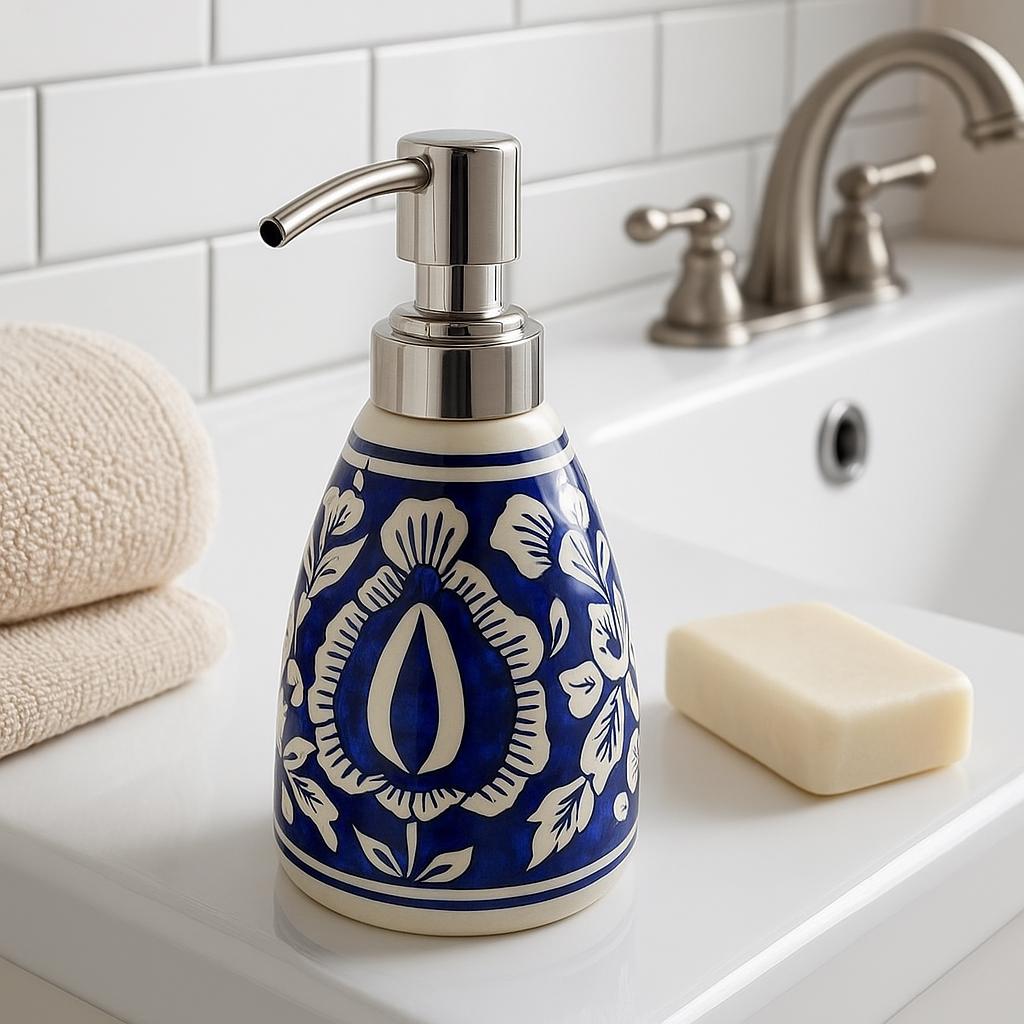 Blue Floral Ceramic Soap Dispenser - Handcrafted Bathroom