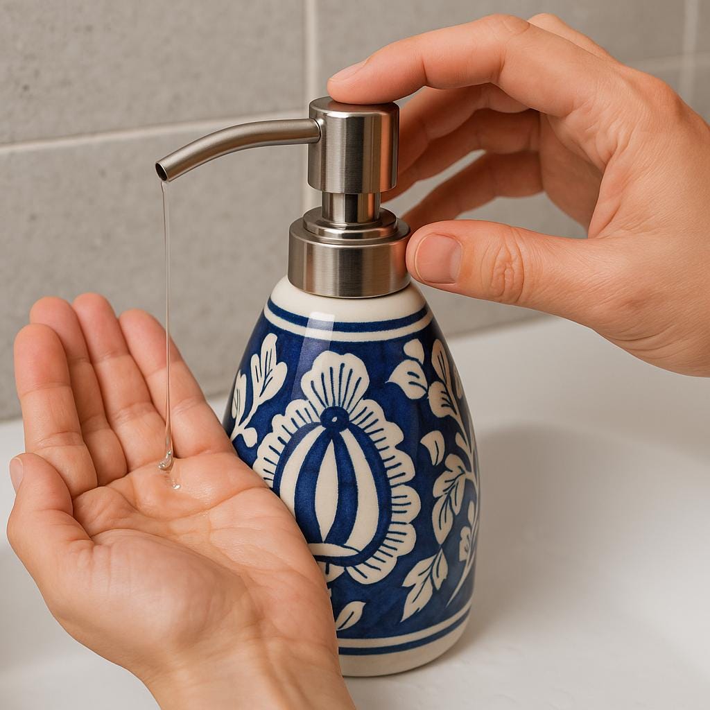 Blue Floral Ceramic Soap Dispenser - Handcrafted Bathroom