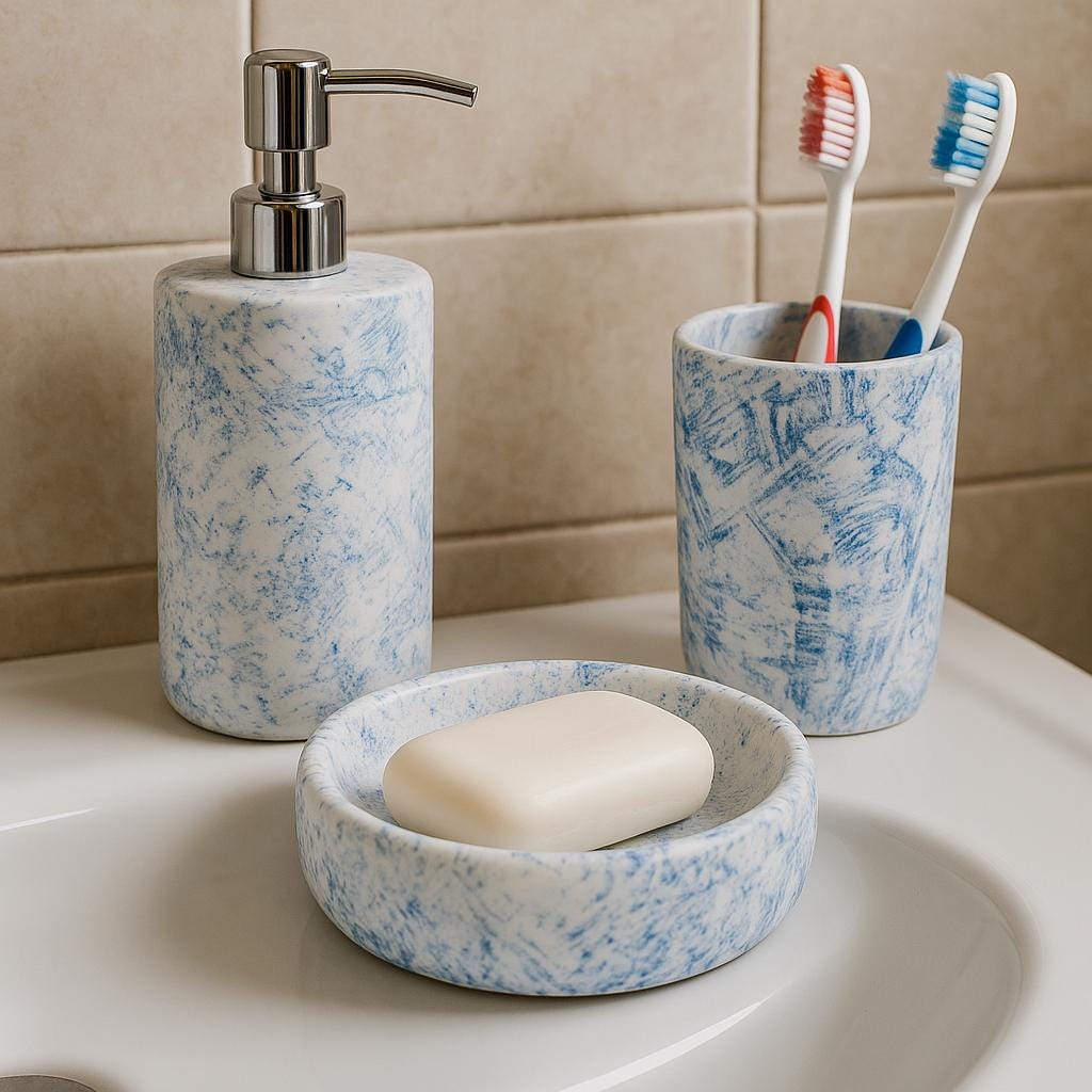 Blue Marble Bathroom Set: Ceramic Soap Dispenser, Toothbrush Holder & Tray