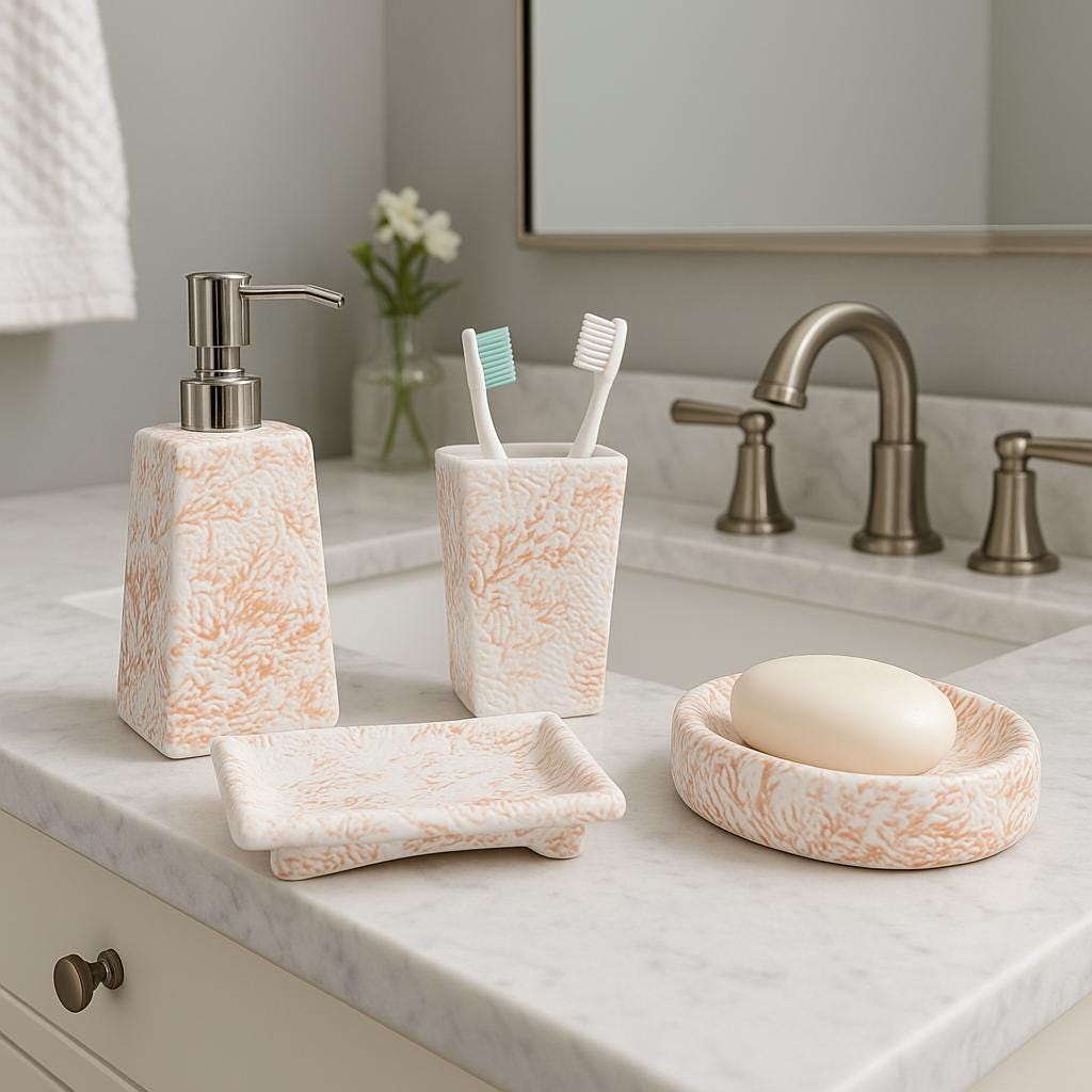 White & Coral Bathroom Set - 4 Piece Handmade