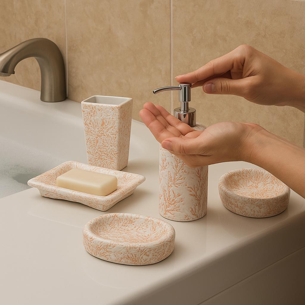 White & Coral Bathroom Set - 4 Piece Handmade