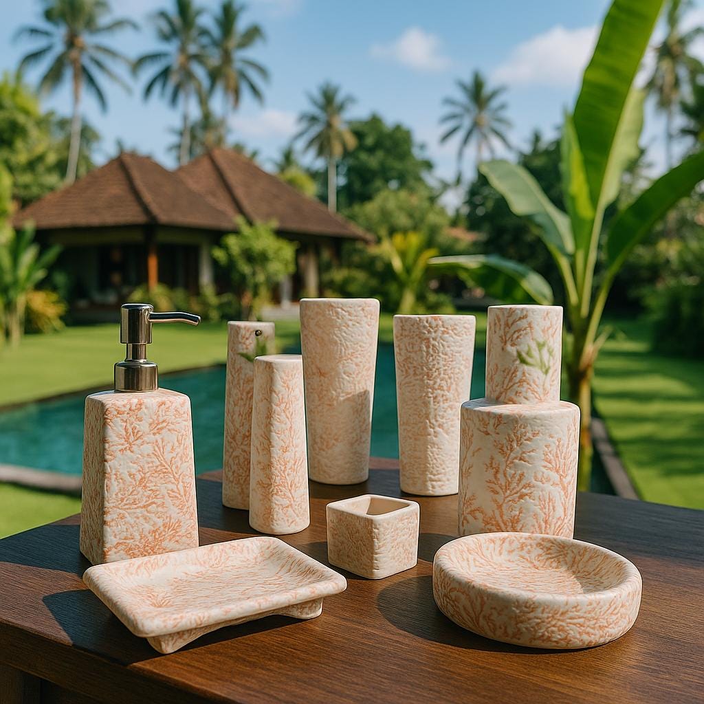 White & Coral Bathroom Set - 4 Piece Handmade