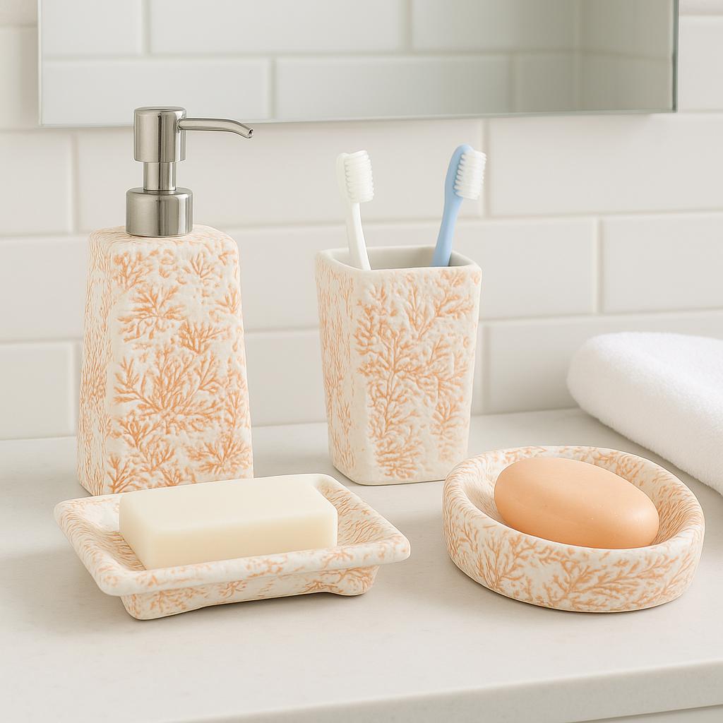 White & Coral Bathroom Set - 4 Piece Handmade