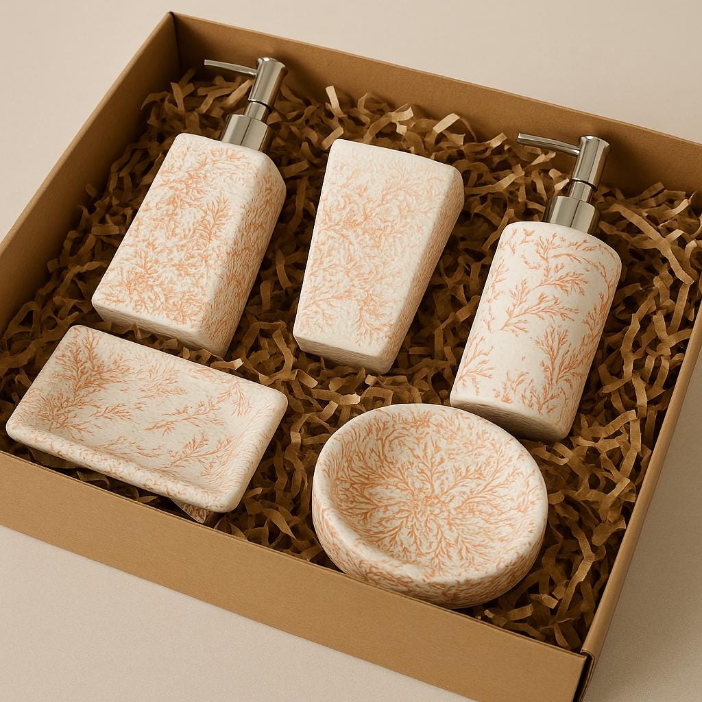 White & Coral Bathroom Set - 4 Piece Handmade
