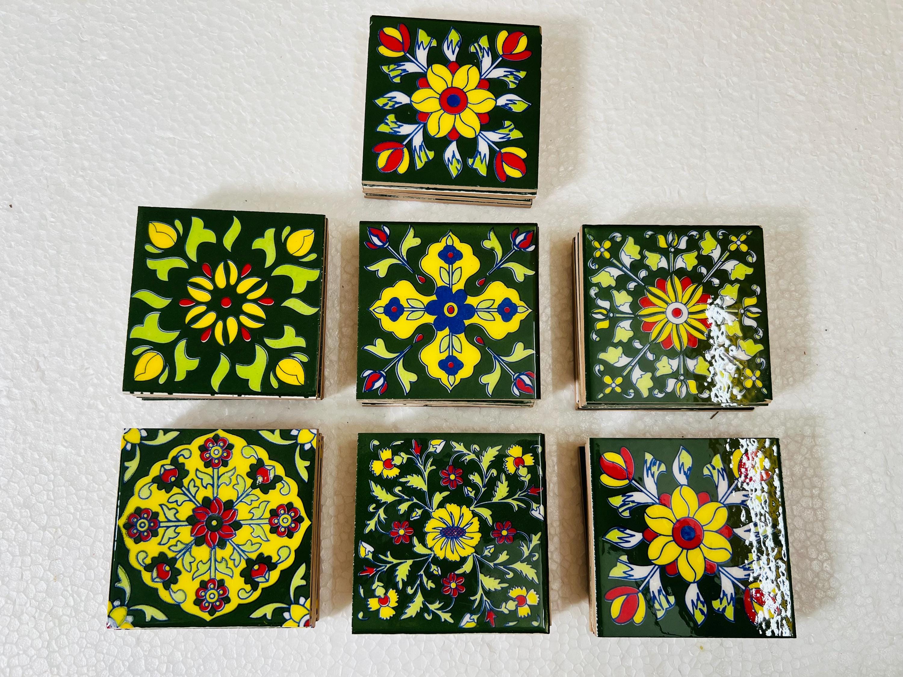 Green Floral Ceramic Tiles Set