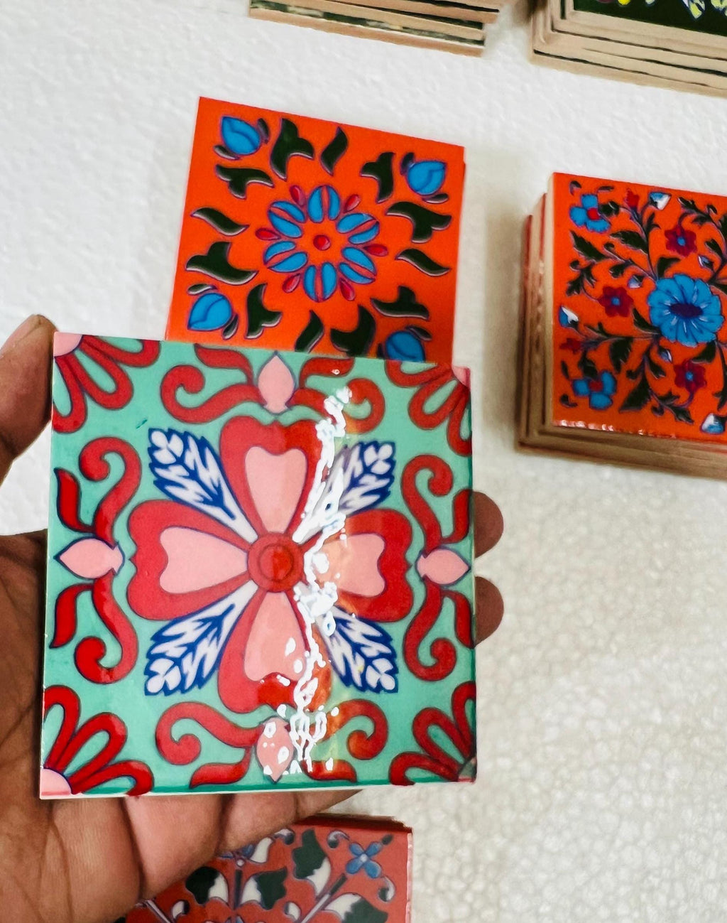 Red Floral Mosaic Tiles Set