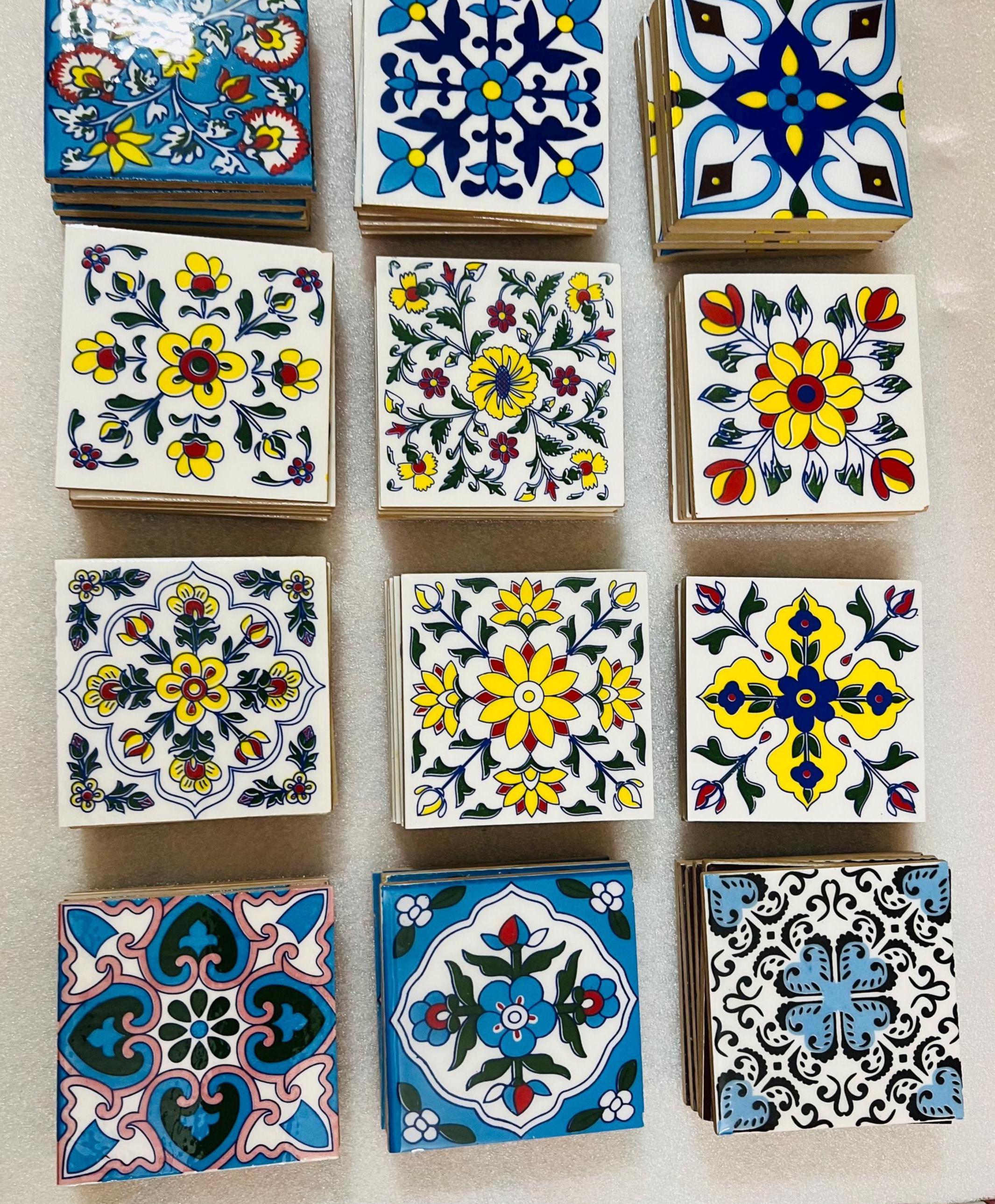 Hand Painted Floral Tiles Set