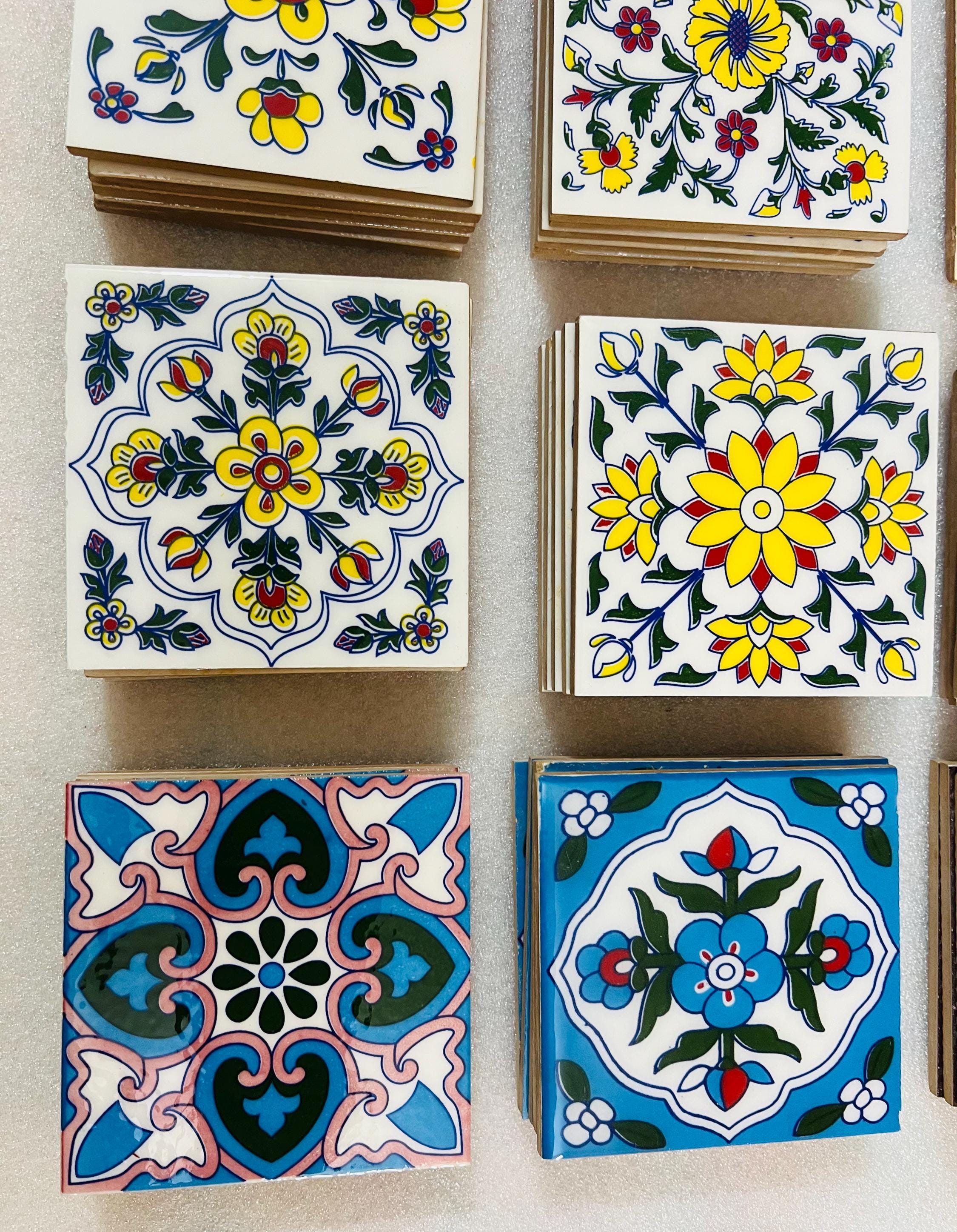 Hand Painted Floral Tiles Set