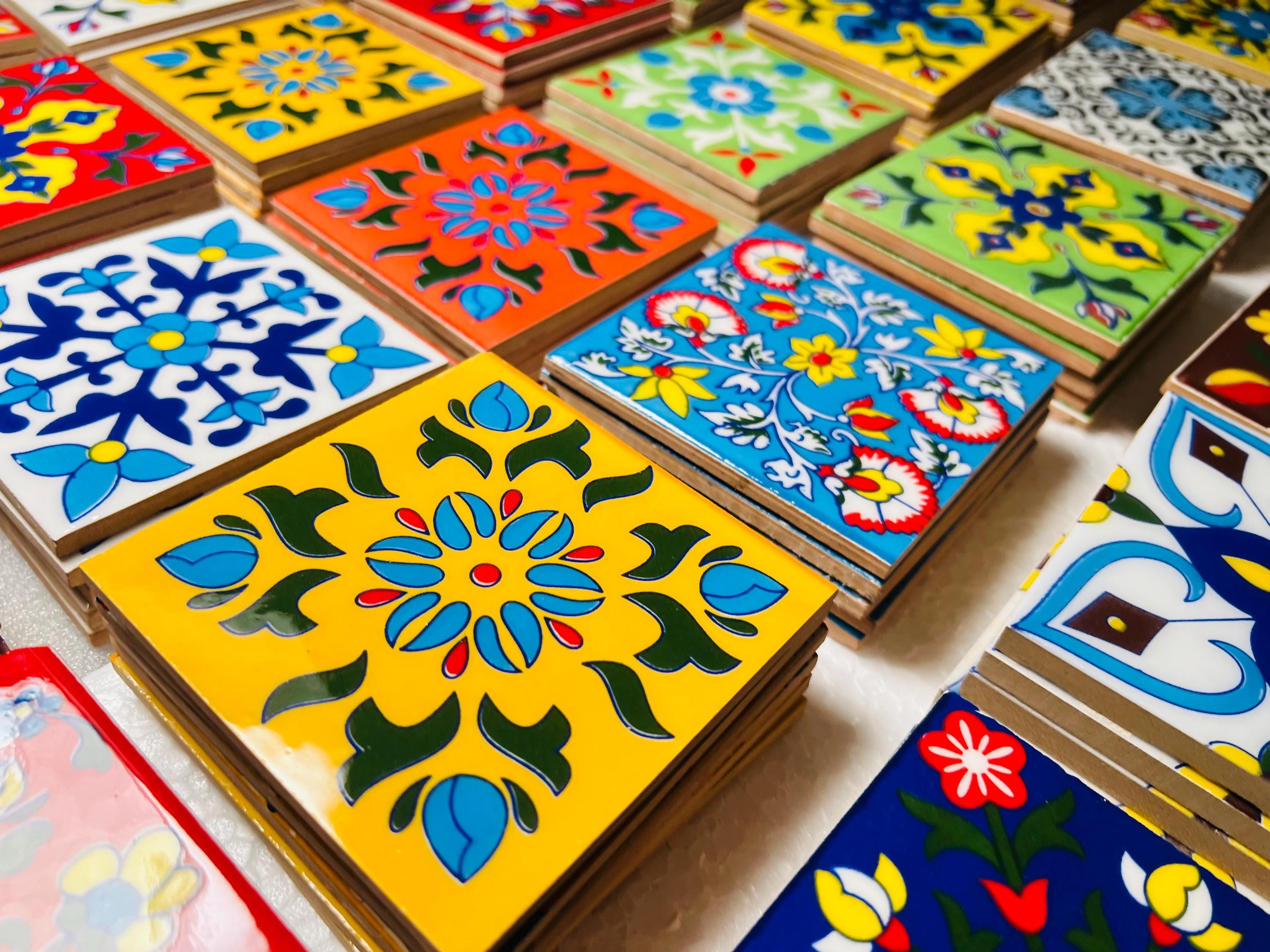 100 Assorted Hand-Painted Tile: Floral Ceramic Wall Decor, 2x2 inch