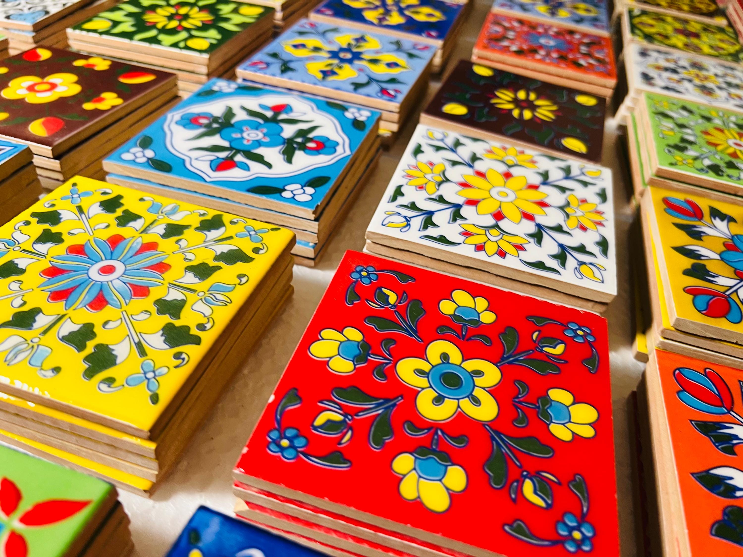 100 Assorted Hand-Painted Tile: Floral Ceramic Wall Decor, 2x2 inch