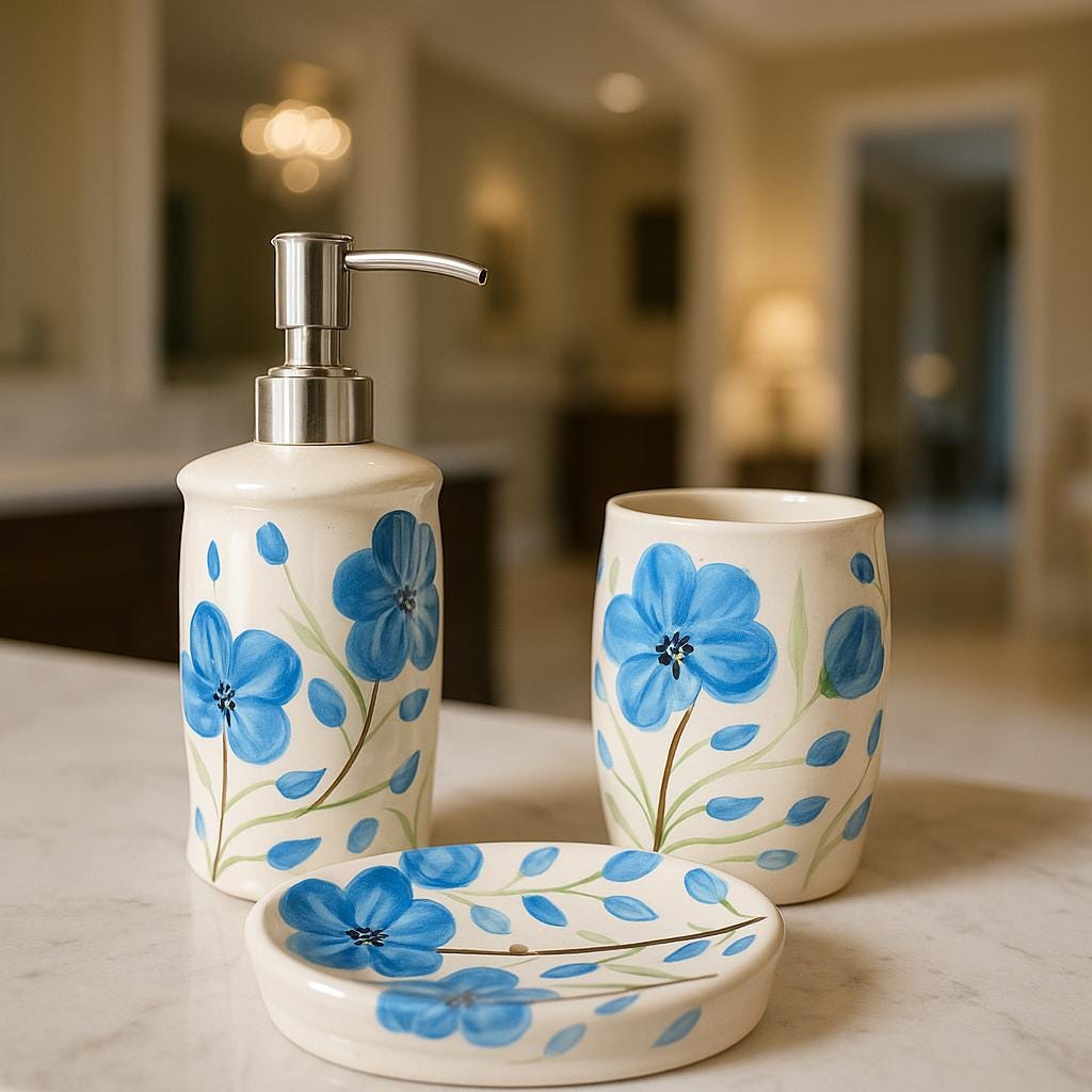 Elegant Blue Floral Bath Set