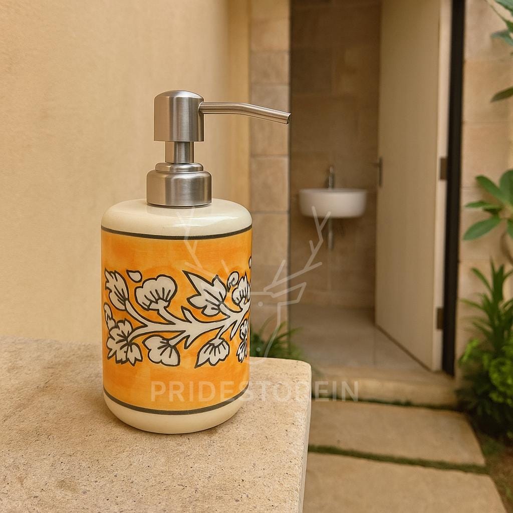 Hand-Painted Ceramic Soap Dispenser  Orange Single Line Floral Boho Vanity Decor