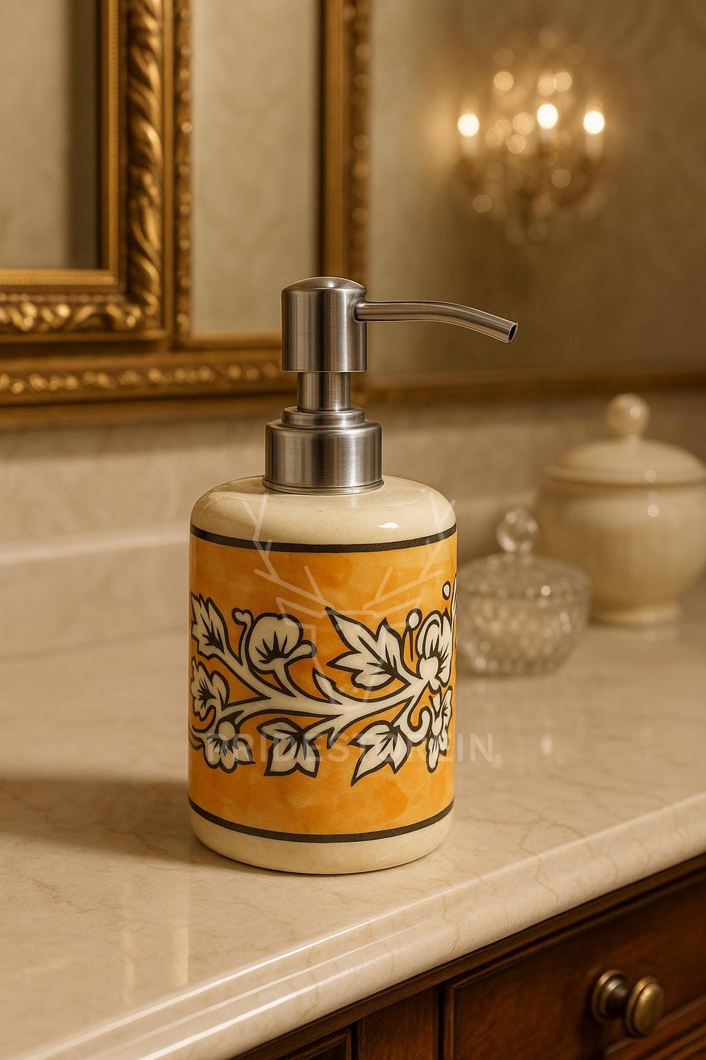 Hand-Painted Ceramic Soap Dispenser  Orange Single Line Floral Boho Vanity Decor