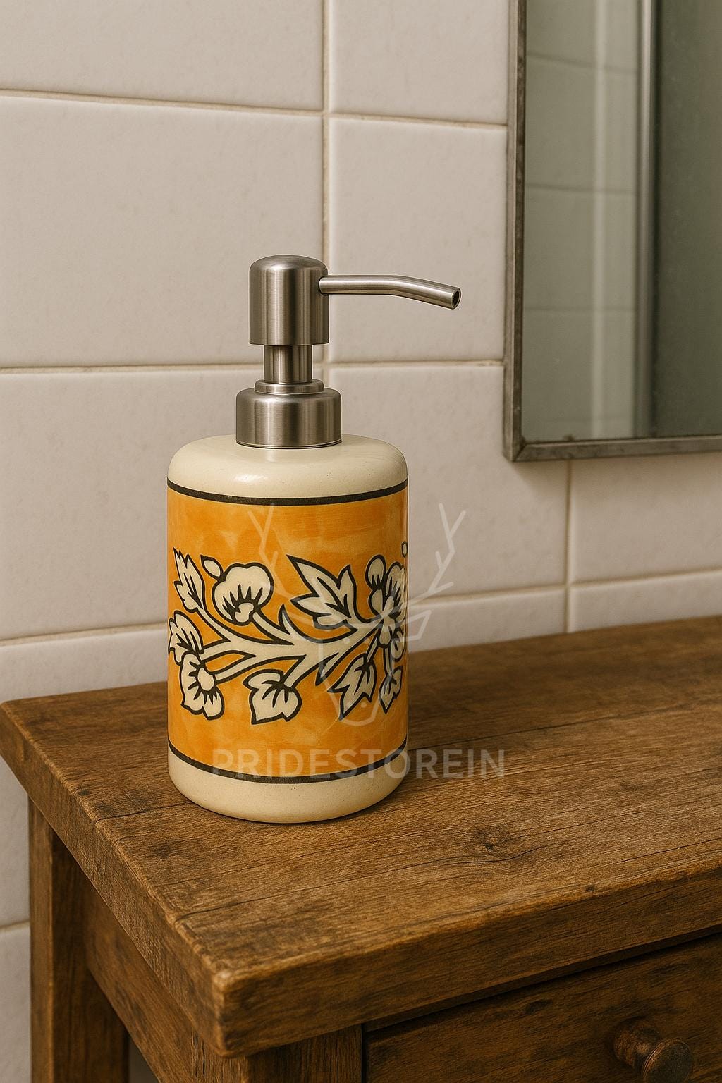 Hand-Painted Ceramic Soap Dispenser  Orange Single Line Floral Boho Vanity Decor